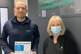 Barry Muir is pictured with pharmacy assistant Ann Leith, who helped him to quit smoking after 26 years.