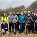 Some of the young people from Brechin High School who took part in the tree planting are pictured with Lesley Lindsay from Scotia Homes (yellow jacket), Fiona Lawrence, Brechin High School Head Teacher (front row green jacket) and Lil Black (blue jacket front row), Brechin High School Rural Studies and volunteers.
