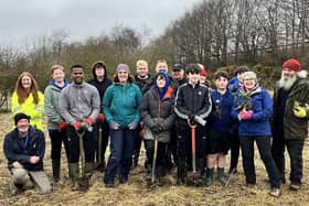 Some of the young people from Brechin High School who took part in the tree planting are pictured with Lesley Lindsay from Scotia Homes (yellow jacket), Fiona Lawrence, Brechin High School Head Teacher (front row green jacket) and Lil Black (blue jacket front row), Brechin High School Rural Studies and volunteers.