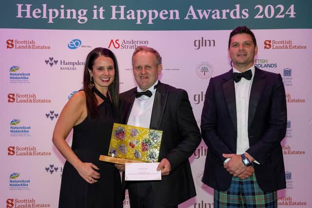 Pictured are Sheryl Macaulay, from award sponsor EQ Chartered Accountants, James Grantham of Angus Growers and Patrick Colquhoun, Scottish Land & Estates.