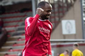 Julian Wade his three goals during the 5-0 win. Pic by Graeme Youngson