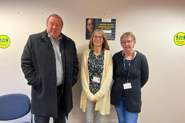 Graeme Dey is pictured with support co-ordinator Audrey McDonald and volunteer Barbara Rose.