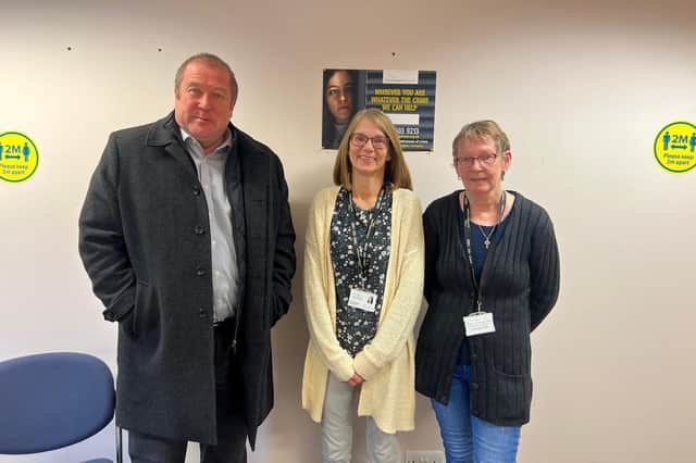 Graeme Dey is pictured with support co-ordinator Audrey McDonald and volunteer Barbara Rose.