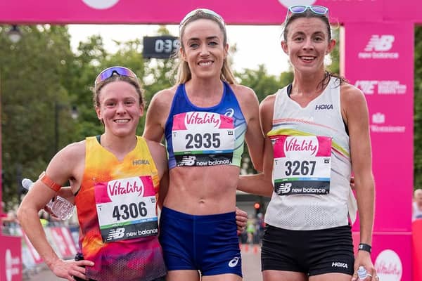 ​Eilish McColgan flanked by runner-up Jess Warner-Judd and third-placed Kate Estlea-Morris in London. (pic: London Marathon Events)