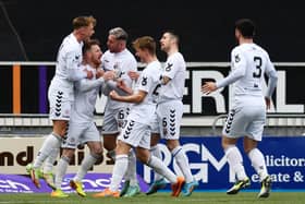 Montrose celebrate Michael Gardyne's goal during their 3-0 win at Falkirk on Saturday. Pic by Michael Gillen