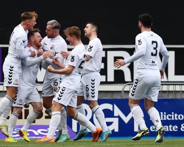 Montrose celebrate Michael Gardyne's goal during their 3-0 win at Falkirk on Saturday. Pic by Michael Gillen