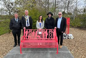 Pictured are Angus Provost Brian Boyd, Angus Council’s Chief Executive Kathryn Lindsay and union representatives beside the new memorial bench.