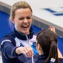 Vicky Wright is all smiles with her team mates during the Le Gruyère AOP European Curling Championships 2021. Pic by WCF / Steve Seixeiro