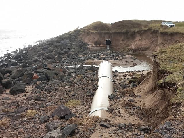 The section of damaged pipe. The site is still being undermined by tide action, and the public are being advised to avoid the area.