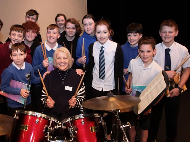 ​Festival secretary Susan Kennedy is pictured with some of the entrants in the elementary snare drum class. (Wallace Ferrier)