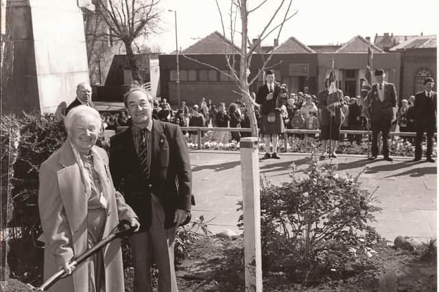 The president of the Souvenir Francaise, Madame Yvette Corcoral-Benoist, planted a tree at Carnoustie War Memorial in April, 1994The tree was a symbol of the friendship between them and the Carnoustie branch of the Royal British Legion Scotland. Branch president Jim McAdam assisted.