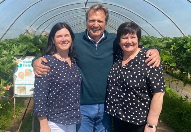 Debbie and Lochy Porter are pictured with Doreen Hunt (right) who retired from Angus Soft Fruits after 30 years with the business.
