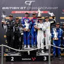 ​Sandy Mitchell and teammate Alex Martin celebrate their second place finish in the second race at Snetterton (pic: JEP)