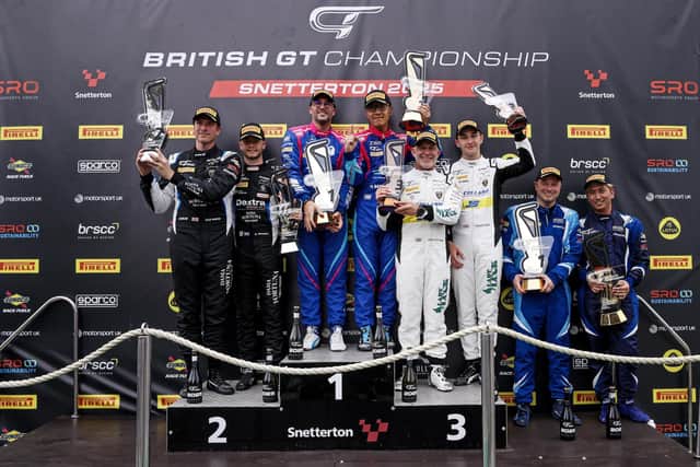 ​Sandy Mitchell and teammate Alex Martin celebrate their second place finish in the second race at Snetterton (pic: JEP)