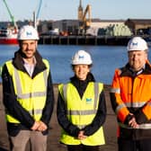 Pictured (from left) Adam Ezzamel, Inch project director; Mairi Gougeon MSP and Captain Tom Hutchison, port CEO and harbourmaster.
