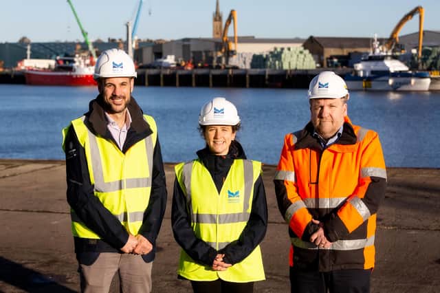Pictured (from left) Adam Ezzamel, Inch project director; Mairi Gougeon MSP and Captain Tom Hutchison, port CEO and harbourmaster.