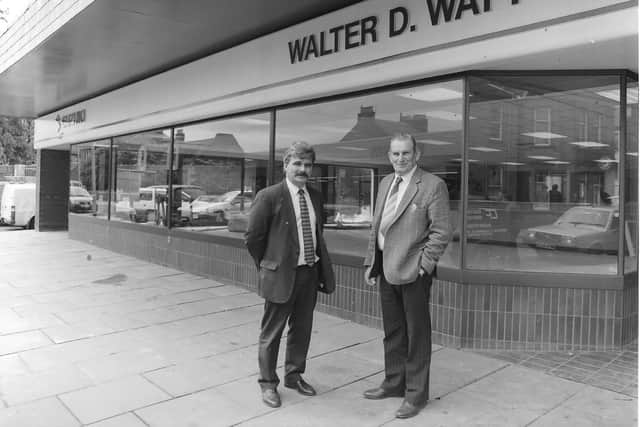 The brand new Broughty Ferry showroom of motor dealers Walter D Watt in May, 1998. Pictured: proprietors, Bill Emslie Junior and Senior.