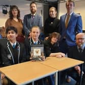 Monifieth High School teachers and young people who were involved in the launch of the book A Periodic Table of Greek Mythology.