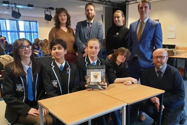 Monifieth High School teachers and young people who were involved in the launch of the book A Periodic Table of Greek Mythology.