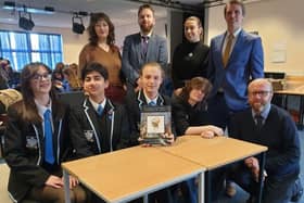 Monifieth High School teachers and young people who were involved in the launch of the book A Periodic Table of Greek Mythology.