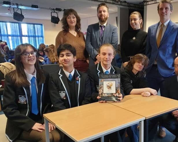 Monifieth High School teachers and young people who were involved in the launch of the book A Periodic Table of Greek Mythology.