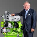 Lord Bamford with JCB’s pioneering hydrogen engine for agricultural and construction machinery.