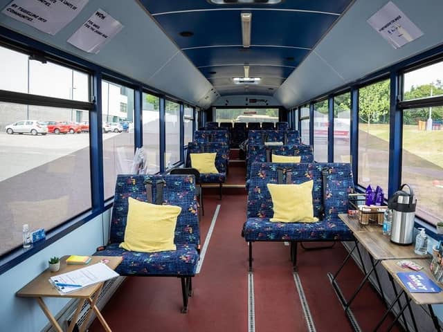 The ‘Wellbeing on Wheels’ bus offers a welcoming environment in which to discuss issues. Sessions are held in different locations around the county.
