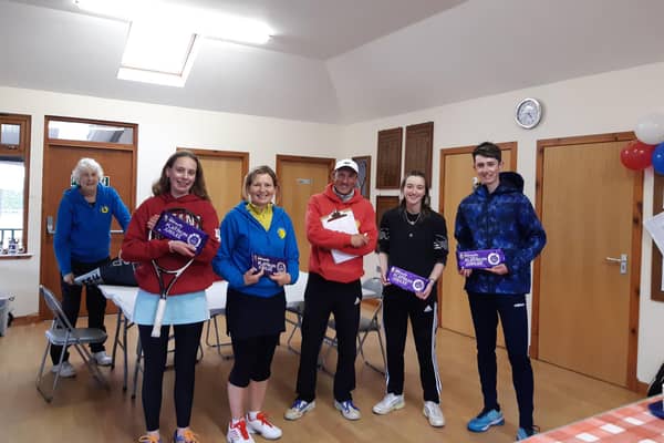 The winners of Montrose Tennis Club Queen's Jubilee social tournament from left, Florence Forbes, June Buchan, Jenna Henderson and Orin Forbes, with Scotland development coach of the year Graeme Walker, who organised the tournament.