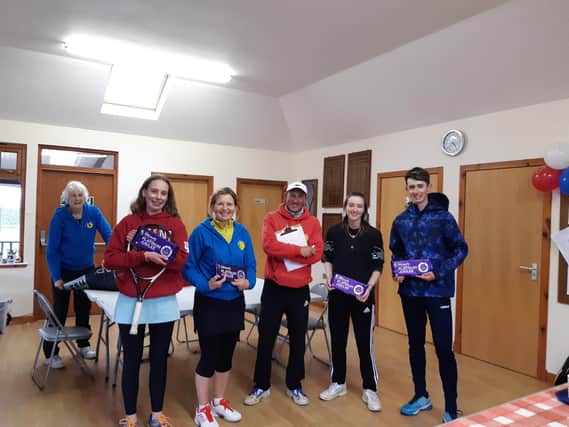 The winners of Montrose Tennis Club Queen's Jubilee social tournament from left, Florence Forbes, June Buchan, Jenna Henderson and Orin Forbes, with Scotland development coach of the year Graeme Walker, who organised the tournament.