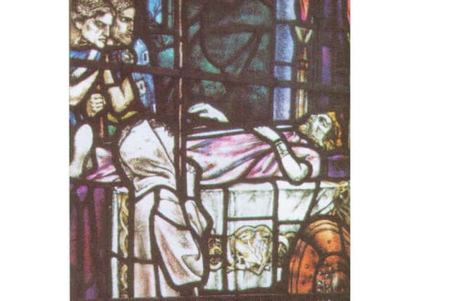 The stained glass window in the Lowson Memorial Kirk, Forfar which depicts St Buithe praying over King Nechtan on his sickbed.