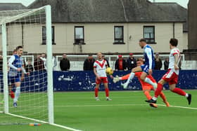 Craig Johnston opens the scoring and hands Montrose a first-leg advantage. All pics by Phoenix Photography