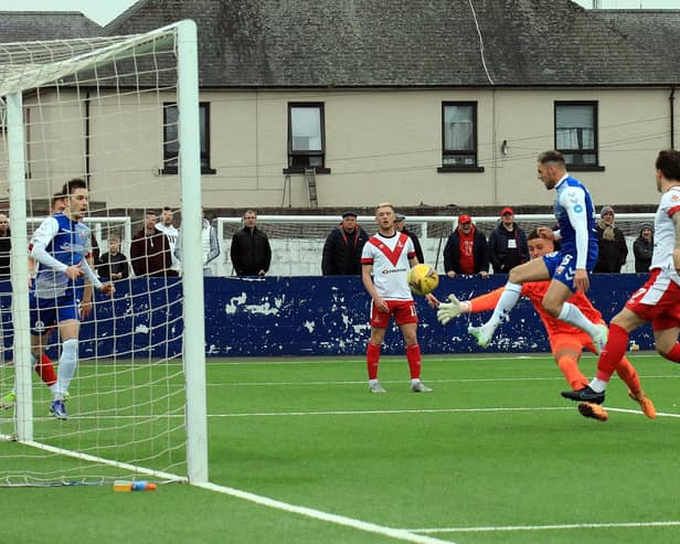 Craig Johnston opens the scoring and hands Montrose a first-leg advantage. All pics by Phoenix Photography