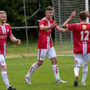 Brechin City are all smiles after again finding the net against Jeanfield in a previous pre-season game. Pic by Graeme Youngson