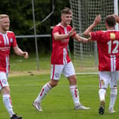 Brechin City are all smiles after again finding the net against Jeanfield in a previous pre-season game. Pic by Graeme Youngson