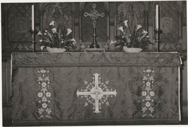 A new Fontal with gold chalice on a background of The Cross was dedicated at Forfar Church on a date not recorded. Responsible were eight ladies of the Altar Guild, Mrs Carnegie of Lour, Mrs Johnstone-Brodie, Idvies; and Mrs Gray-Cheape, Carsegray, plus five ladies from Forfar, Mrs Hovell, Mrs A.L. Shepherd, Miss Prophet, Miss Meldrum and Mrs Noble.