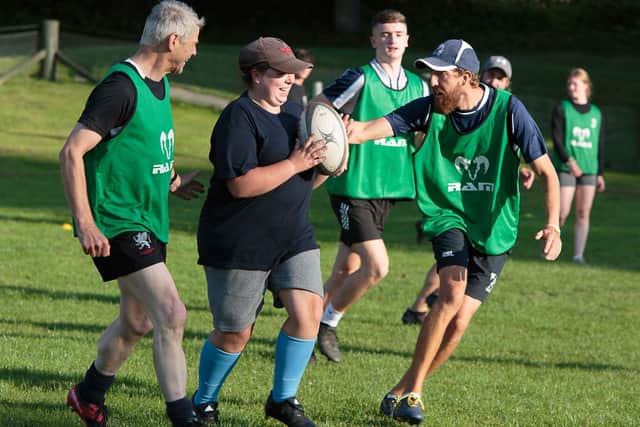 One of the Strathmore Community Rugby Trust Unified Rugby sessions in action.