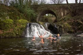 Will you take the plunge? The Angus Tour Dookers enjoy Arbirlot Waterfalls.  Pic: Alan Richardson