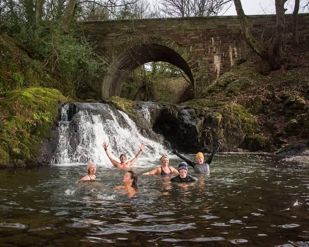 Will you take the plunge? The Angus Tour Dookers enjoy Arbirlot Waterfalls.  Pic: Alan Richardson
