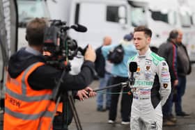 Sandy Mitchell conducts his post-race media interviews. Pic by Dom Gibbons