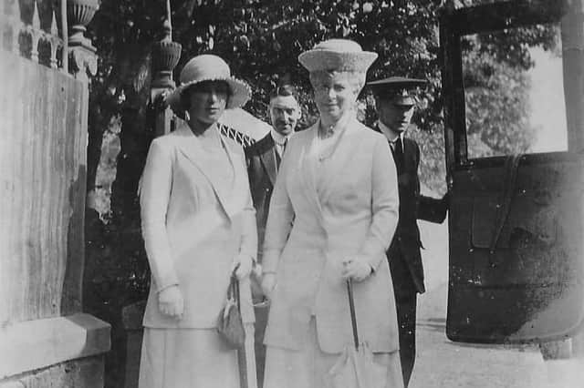 Queen Mary and the Princess Royal pictured in 1922 at Annesley, near Arbroath, home of Mrs Lindsay Carnegie, while visiting Arbroath Abbey.