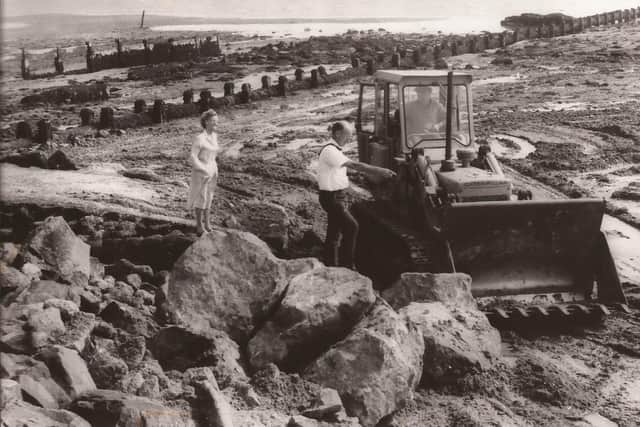 Looking more like a scene from a First World War movie, Monifieth Beach in September, 1991, when work started on extending the access ramp. Looking on were Councillor Dorothy Pattullo and Malcolm Chesney, of Tayside Regional Council Roads Department.