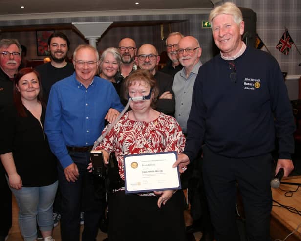 ​Pictured are all the artists who performed at the concert with Brenda (centre), Danny Gentles (left) and John Naysmith (right). (Wallace Ferrie