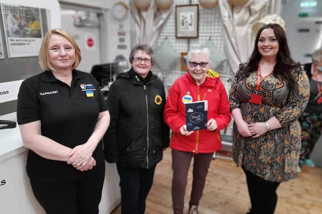 Pictured (from left) are Margaret Brown, Kate Nelson, Linda Clark and Nada Wilson, manager of the Red Cross’s Forfar shop.