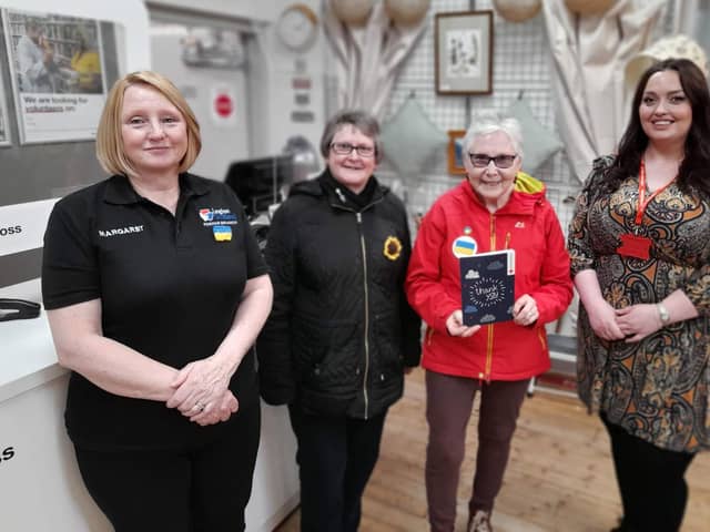 Pictured (from left)  are Margaret Brown, Kate Nelson, Linda Clark and Nada Wilson, manager of the Red Cross’s Forfar shop.