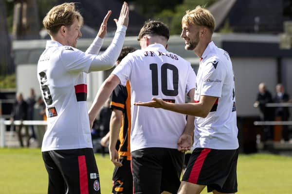 Brechin City player celebrate after the seventh of their eight goals against Rothes. (Pic: Graeme Youngson)