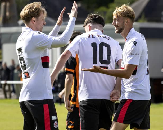 Brechin City player celebrate after the seventh of their eight goals against Rothes. (Pic: Graeme Youngson)