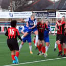 Charlotte Gammie gets her header on target to score another for Montrose. Pic by Phoenix Photography