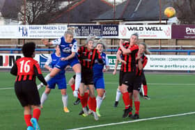 Charlotte Gammie gets her header on target to score another for Montrose. Pic by Phoenix Photography