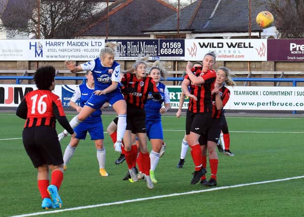 Charlotte Gammie gets her header on target to score another for Montrose. Pic by Phoenix Photography