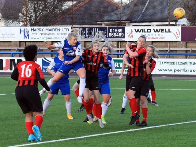Charlotte Gammie gets her header on target to score another for Montrose. Pic by Phoenix Photography